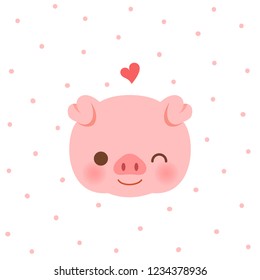 Cute pig winking and smiling on pink dots pattern