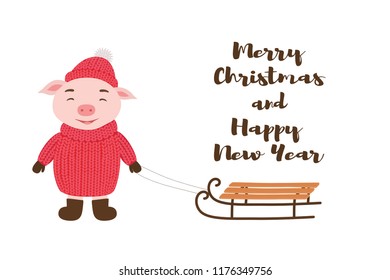 Cute pig in winter clothing with sledges. Vector illustration for Christmas and new year cards