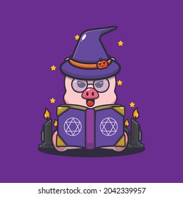 cute pig witch reading spell book