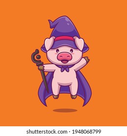 Cute pig wizard with magic wand cartoon illustration The Concept of Isolated Technology. Flat Cartoon Style Suitable for Landing Web Pages, Banners, Flyers, Stickers, Cards
