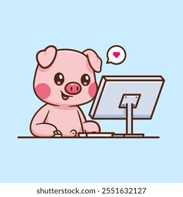 Cute Pig Working On Computer Cartoon Vector Icon 
Illustration. Animal Technology Icon Concept Isolated 
Premium Vector. Flat Cartoon Style