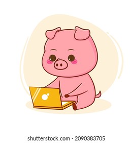 Cute pig working on laptop cartoon character isolated hand drawn style