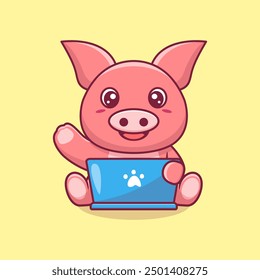 Cute pig working on laptop cartoon vector illustration animal technology icon concept