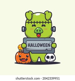 cute pig zombie holding halloween greeting