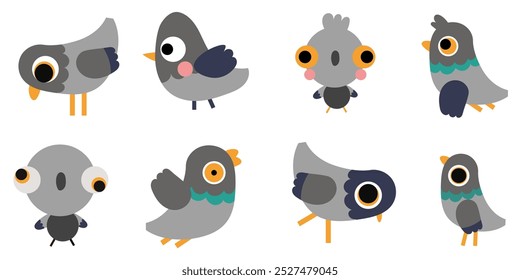 Conjunto de personajes de dibujos animados de pájaros de paloma lindos dibujados a mano emociones divertidas de pájaros de la calle de Ilustración vectorial.