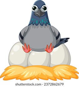 A cute pigeon bird character taking care of its eggs