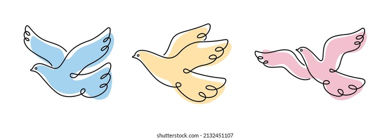 Cute pigeon. Cute bird in different poses. Cartoon dove in sky. Contour vector illustration.