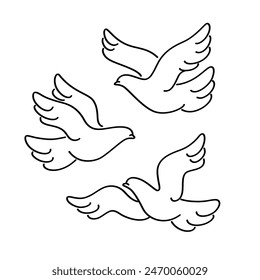 Cute pigeon. Cute bird in different poses. Cartoon dove in sky. Contour vector illustration.