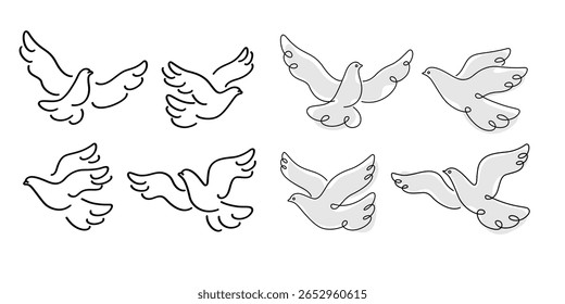 Pombo bonito. Pássaro bonito em poses diferentes. Pomba-de-desenho em voo. Ilustração do vetor de contorno.