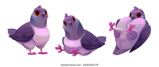 Cute pigeon cartoon character with smiling face emotion in different poses. Vector illustration set of funny wild dove standing, sitting and laying on back. Collection of bird mascot with blue wings.