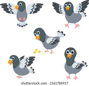 Cute Pigeon cartoon set with different poses 