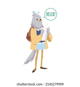 Cute pigeon character in school uniform saying hello, flat vector illustration isolated on white background. Funny animal with backpack greeting college students. Back to school concept.