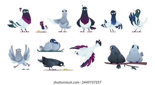 Cute pigeon characters. Cartoon flying doves with different emotions, romantic couple and family with kids, flying birds in love. Vector set. Isolated eating worms, comic sitting birds