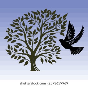 A cute pigeon flying over tree silhouette