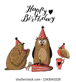cute pigeon holding cup of tea, owl in cone hat and a little bird sitting on a pink cup. hand lettering happy birthday. isolated on white background. stock vector illustration.