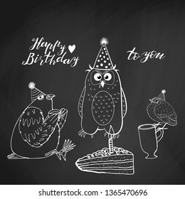 cute pigeon holding cup of tea, owl in cone hat and a little bird sitting on a pink cup. hand lettering happy birthday to you.on chalkboard background. stock vector illustration.