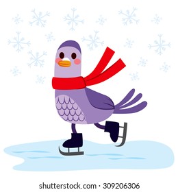 Cute pigeon with red scarf skating on frozen ice