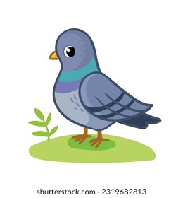 Cute pigeon sits on a green meadow. Vector illustration with a bird in cartoon style.