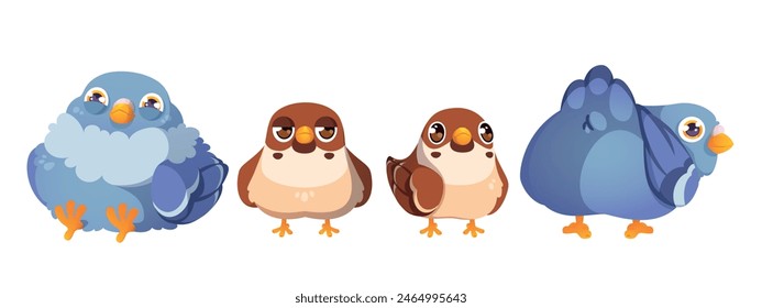 Cute pigeon and sparrow cartoon character. Vector illustration set of comic bird in different poses and with face emotions. Urban dove and robin mascot with beak and wings standing and sitting.