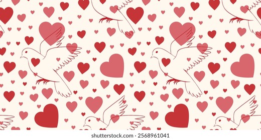 Cute Pigeons and Hearts Seamless Pattern. Valentine's Day Pink Love Shapes Texture. Romantic Wedding Design