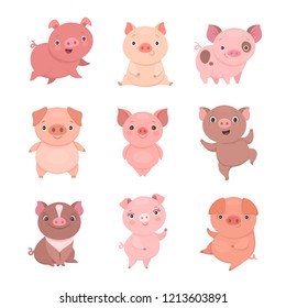 Cute piggies collection. Vector illustration of funny cartoon pigs in different poses. Isolated on white.