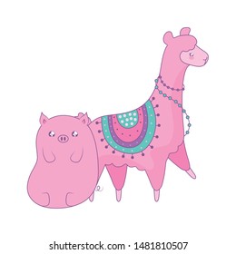 cute piggy with alpaca baby animals kawaii style