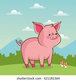 cute piggy animal baby with landscape