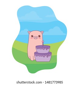 cute piggy animal with cake of birthday