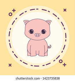 cute piggy animal in frame circular