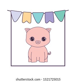 cute piggy animal with garlands hanging vector illustration design
