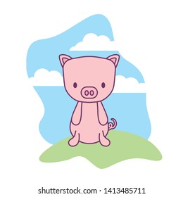cute piggy animal in landscape natural isolated icon