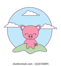 cute piggy animal in landscape natural isolated icon