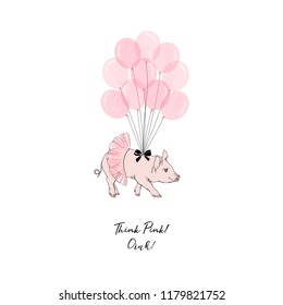 Cute piggy ballerina flying with bunch of pink balloons