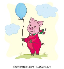 cute piggy with a balloon and a scarf next to the clouds smiling at him
