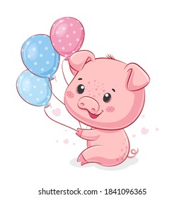 Cute piggy with balloons. Vector illustration for baby shower, greeting card, party invitation, fashion clothes t-shirt print.