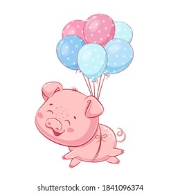 Cute piggy with balloons. Vector illustration for baby shower, greeting card, party invitation, fashion clothes t-shirt print.