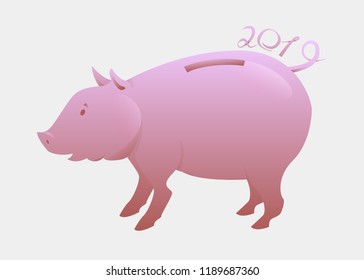 Cute piggy bank with 2019. Curly tail. Funny cartoon pig character. Stock vector illustration.