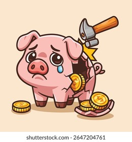 banco de porco bonito quebrado piggy bang martelo moeda desenho animado vetor ilustração