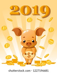 Cute piggy bank. Cartoon character design. Little pig play with gold coin. Falling coins. Flat vector illustration on sun rays background. 2019 year greeting card design.