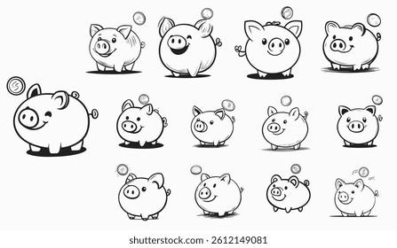 Cute Piggy Bank with Coin - Black Line Art Vector Illustration