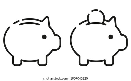 Cute piggy bank with a coin. Thin line icons for web, applications and design. Minimalistic flat style.