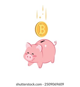 Linda hucha con la moneda de oro que cae de Bitcoin. Concepto de ahorro de dinero, inversión, banca. Diseño plano. Ilustración vectorial.