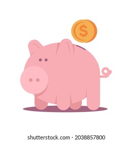 Cute piggy bank with gold coin vector cartoon character isolated on a white background.