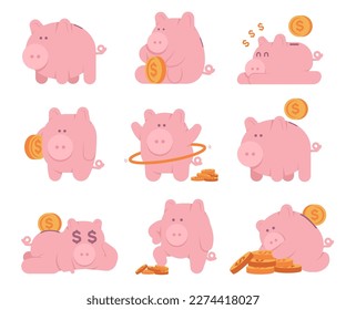 Cute piggy bank with gold coins vector cartoon characters set isolated on a white background.