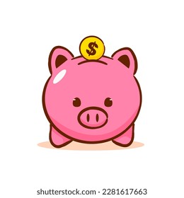 Cute piggy bank with gold coins. Business Finance Concept Design. Isolated white background. Hand drawn flat cartoon style. Vector art illustration