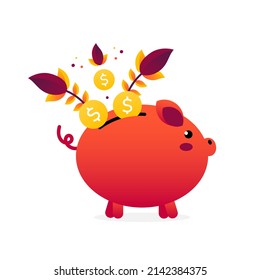 Cute piggy bank with golden coins and leaves decorations. Vector cartoon style illustration for savings, economy, money related design.

