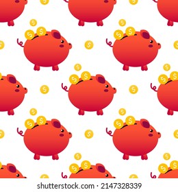 Cute piggy bank with golden coins vector seamless pattern background for savings, economy, money related design.