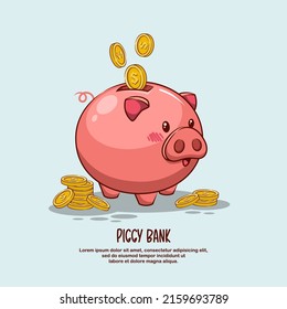 Cute Piggy Bank With Money Gold Coin On Blue Background Cartoon Illustration