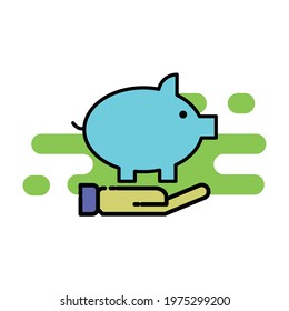 Cute piggy bank on hand Illustration. modern simple vector icon, flat graphic symbol in trendy flat design style. wallpaper. lockscreen. pattern. frame, background, backdrop, sign, logo.