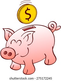 Cute piggy bank with pointy ears, flat snout and curly tail while smiling enthusiastically and waiting for a floating Dollar coin to be inserted into its slot